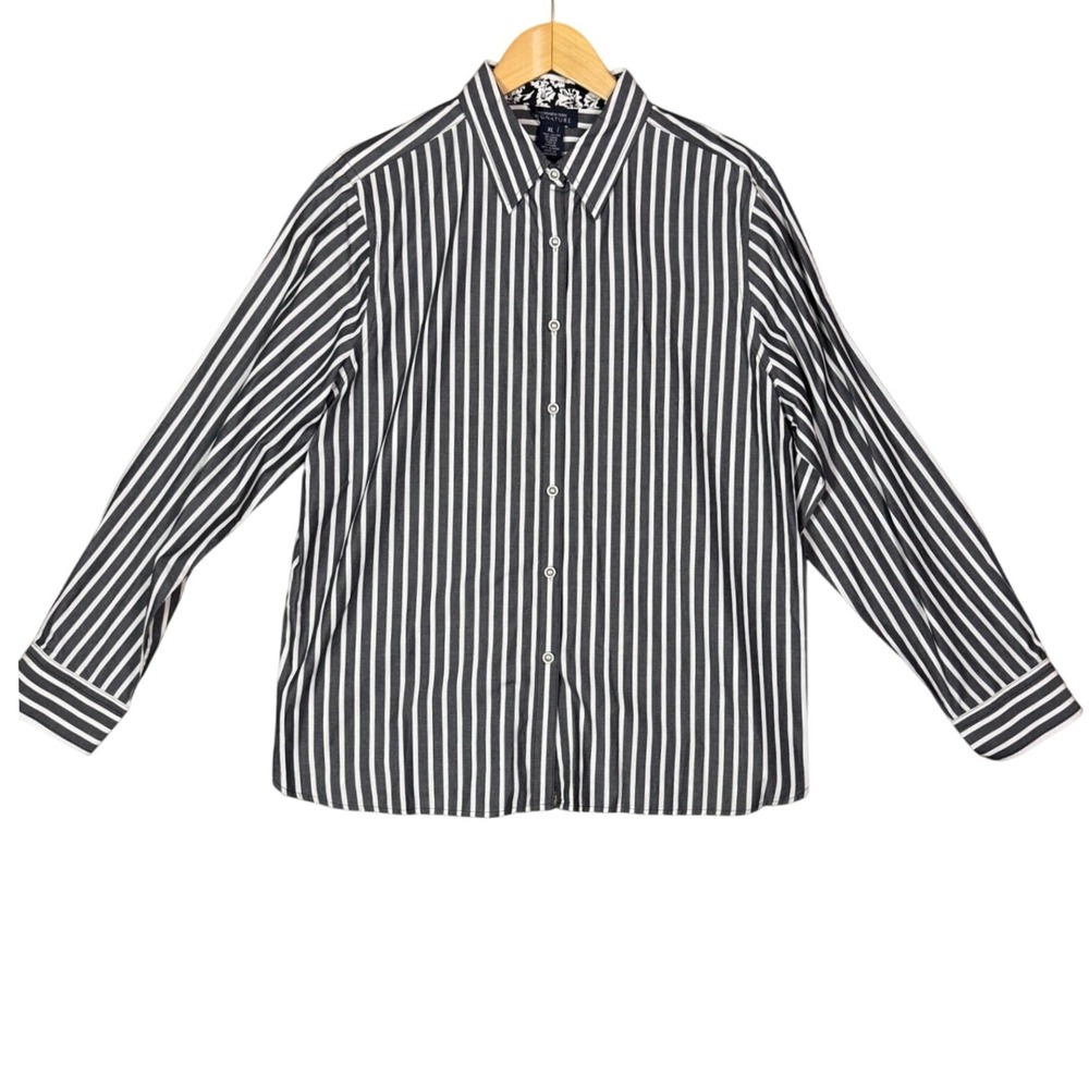 Jones New York Signature Button Down Womens XL Black White Striped Cotton Shirt